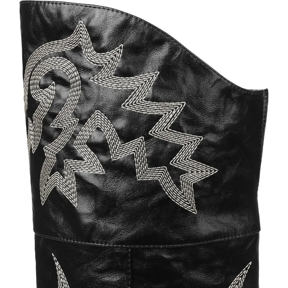Women Black Pu Polyurethane Thigh High Embroidered Pointed Toe Chunky Heels Boot